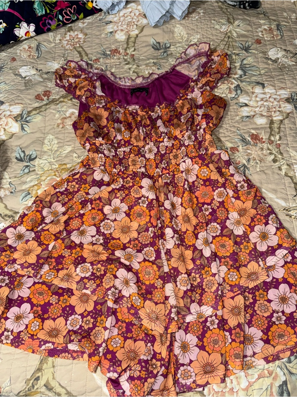 Urban Outfitters Purple Floral Ruffle-Sleeve Casual Dress
